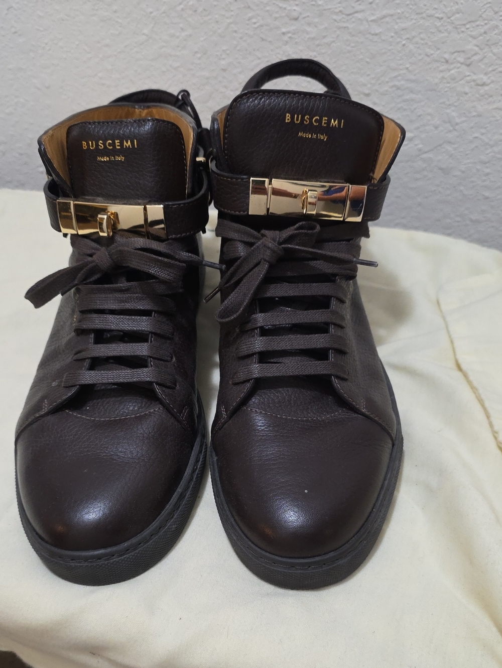 Buscemi Men's High-Top Sneakers in Brown with Gold Hardware